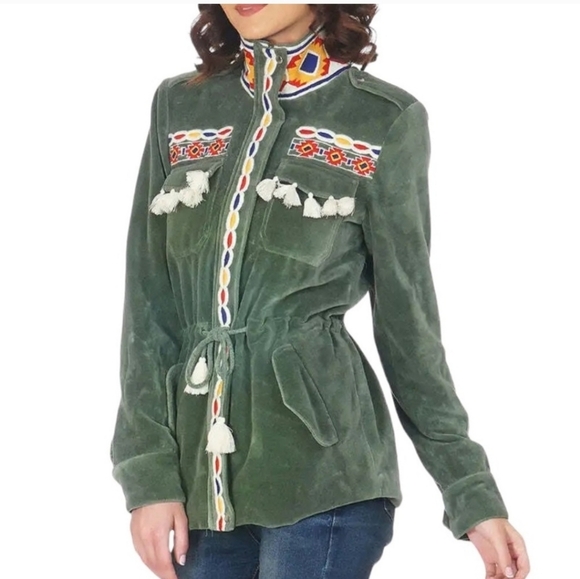 America & Beyond Jackets & Blazers - Anthro Aztec South Western Embroidered Tassel Olive Velvet Parka Jacket size M
